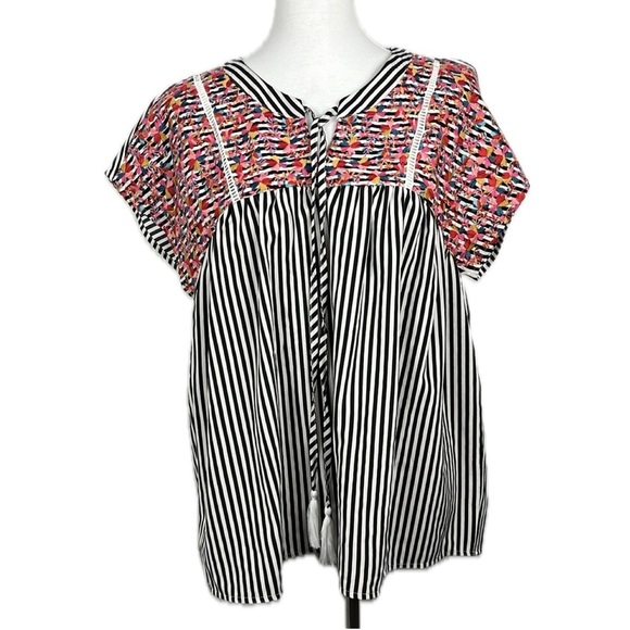 Savanna Jane Striped Multi Color Embroidered Boho Peasant Flowy Popover Top Sz L - Picture 1 of 11